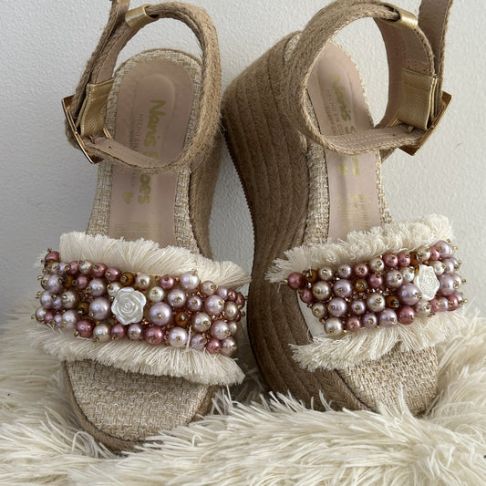 Celeste Handcrafted Jute Sandals with Chunky Heel Platform & Adjustable Buckle 6 cm Height Elegant Comfortable Footwear Lightweight Cushioned Insoles Gold Details